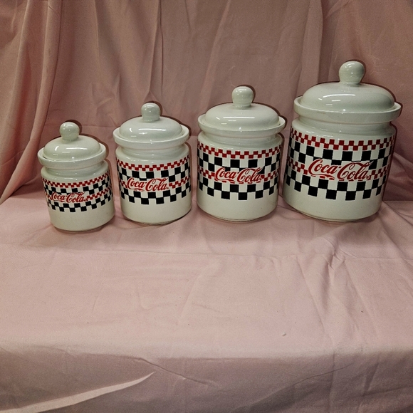 Vintage Coca-Cola Coke Checkerboard Four Tier Canister Storage Jars - Picture 1 of 11